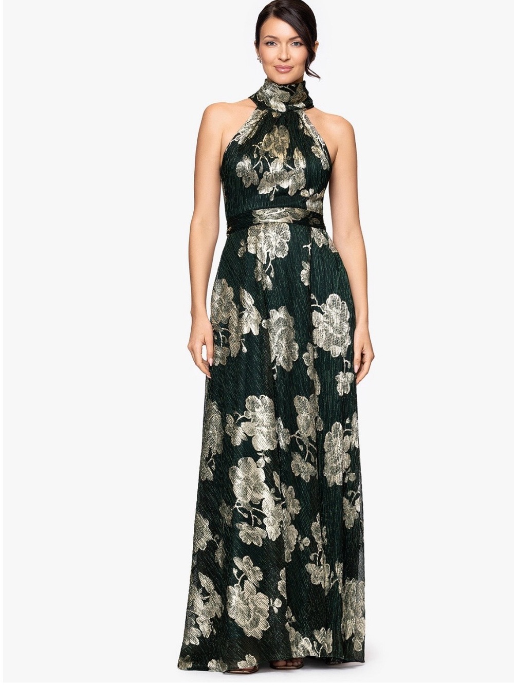 Betsy & Adam Dark Green Halter Gown with Gold Floral Jacquard